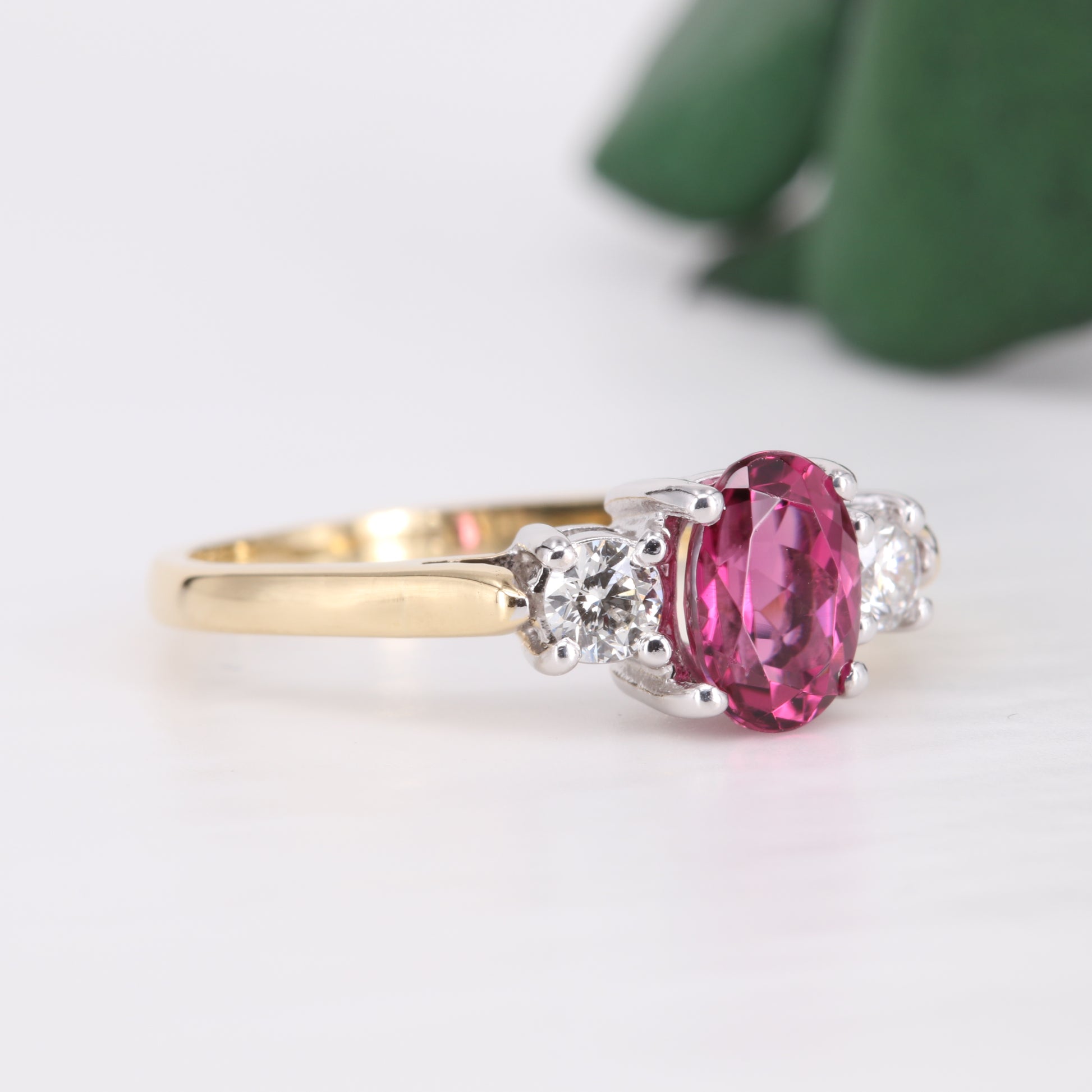 Tourmaline and Diamond Trilogy 18ct Gold Ring Vintage Secondhand Pre-Owned Jewellery Side 2