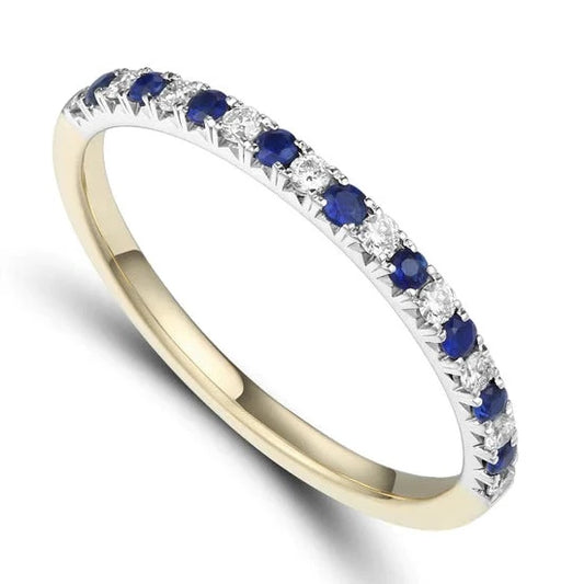 Sapphire and diamond half eternity wedding ring 18ct yellow gold. Claw set sapphire and diamond ring. 