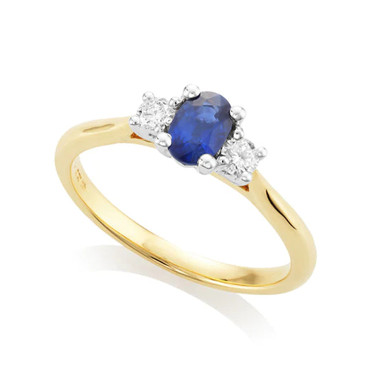 Oval Cut Sapphire and Diamond Three Stone Trilogy Engagement Ring 18ct Yellow Gold