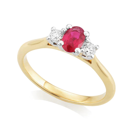 Ruby and Diamond Oval Cut Trilogy Ring 18ct Gold